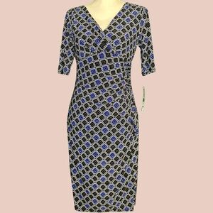 NWT Lauren Ralph Lauren Geometric Diamond Print Ruched Side Faux Wrap Dress Blue